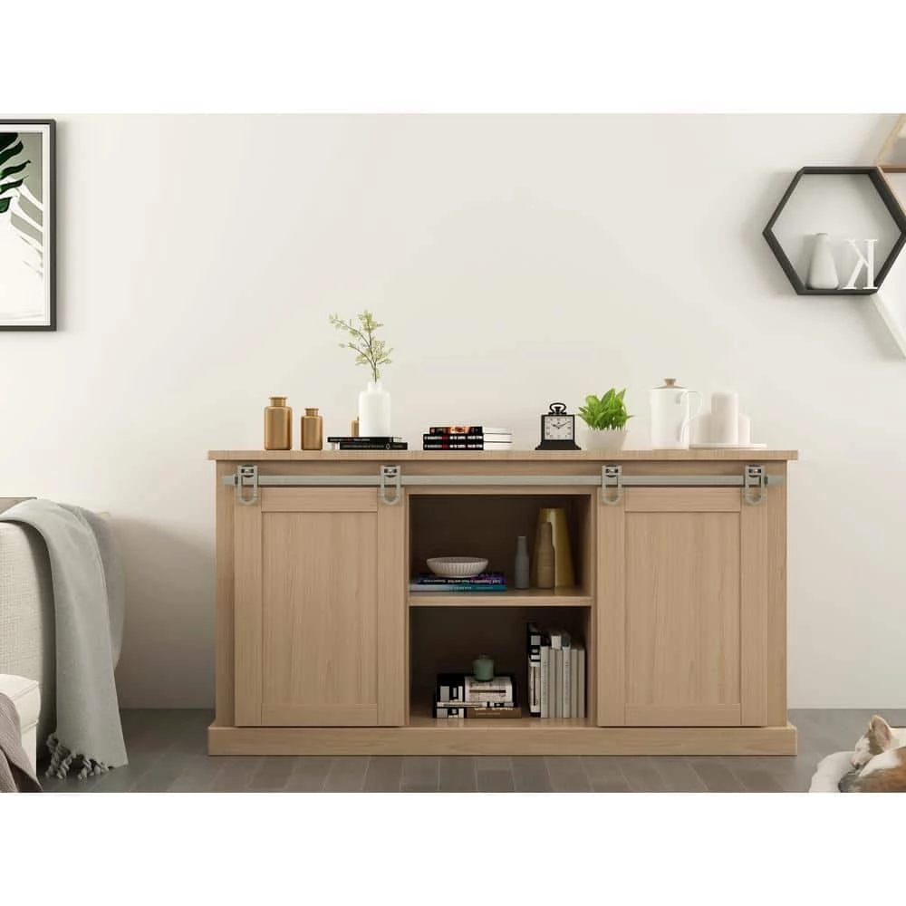 Quiet Glide 60 in. Satin Nickel Miniature Horseshoe Sliding Barn Door Hardware for Double Furniture Wood Doors 3 Quiet Glide 60 in. Satin Nickel Miniature Horseshoe Sliding Barn Door Hardware for Double Furniture Wood Doors